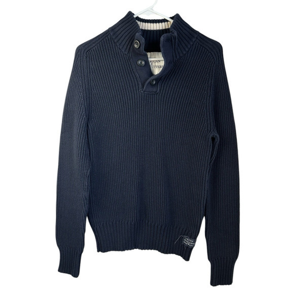 VTG Y2K American Eagle Mock Neck Henley Heavy Knit Ribbed Sweater‎ Navy Preppy - Picture 1 of 8